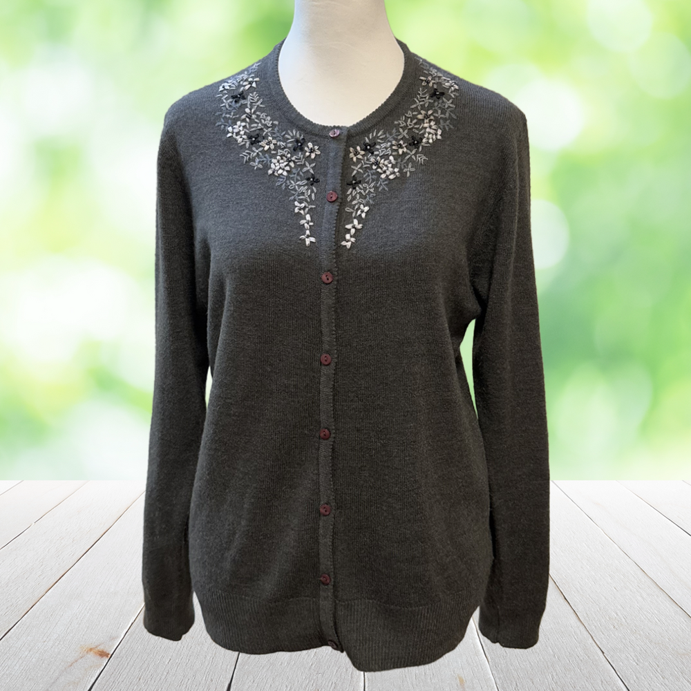 Vintage CAROLYN TAYLOR Hand Embroidered Cardigan Sweater Floral Beaded Gray Sz S